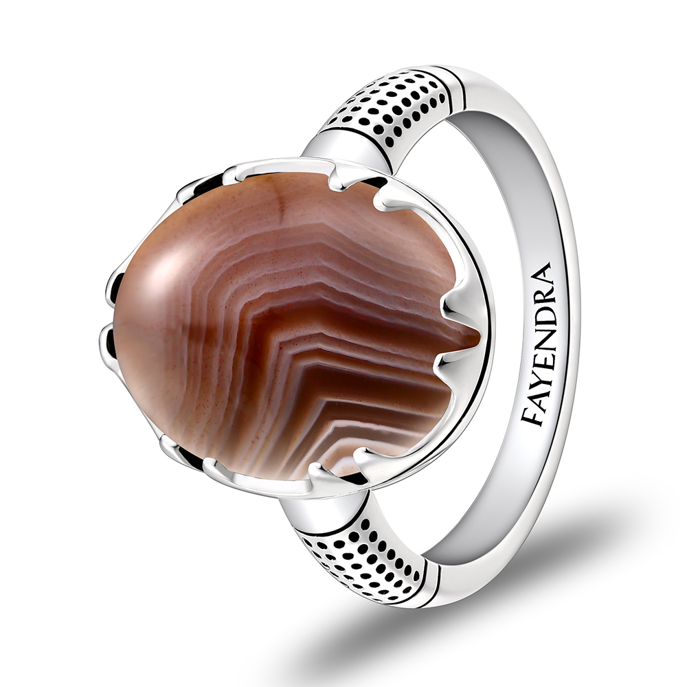 Sterling Silver 925 Ring Rhodium Plated Embedded With BOTSWANA AGATE