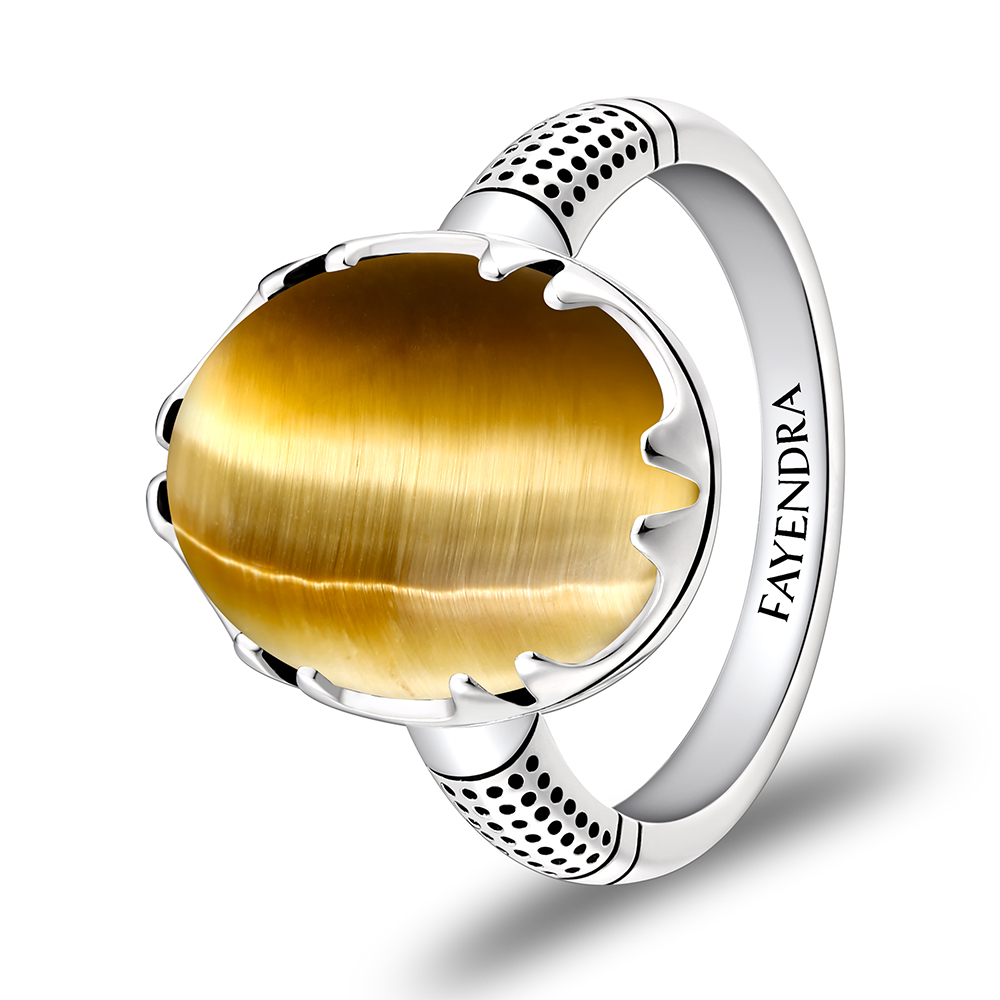 Sterling Silver 925 Ring Rhodium Plated Embedded With GOLD TIGER EYE