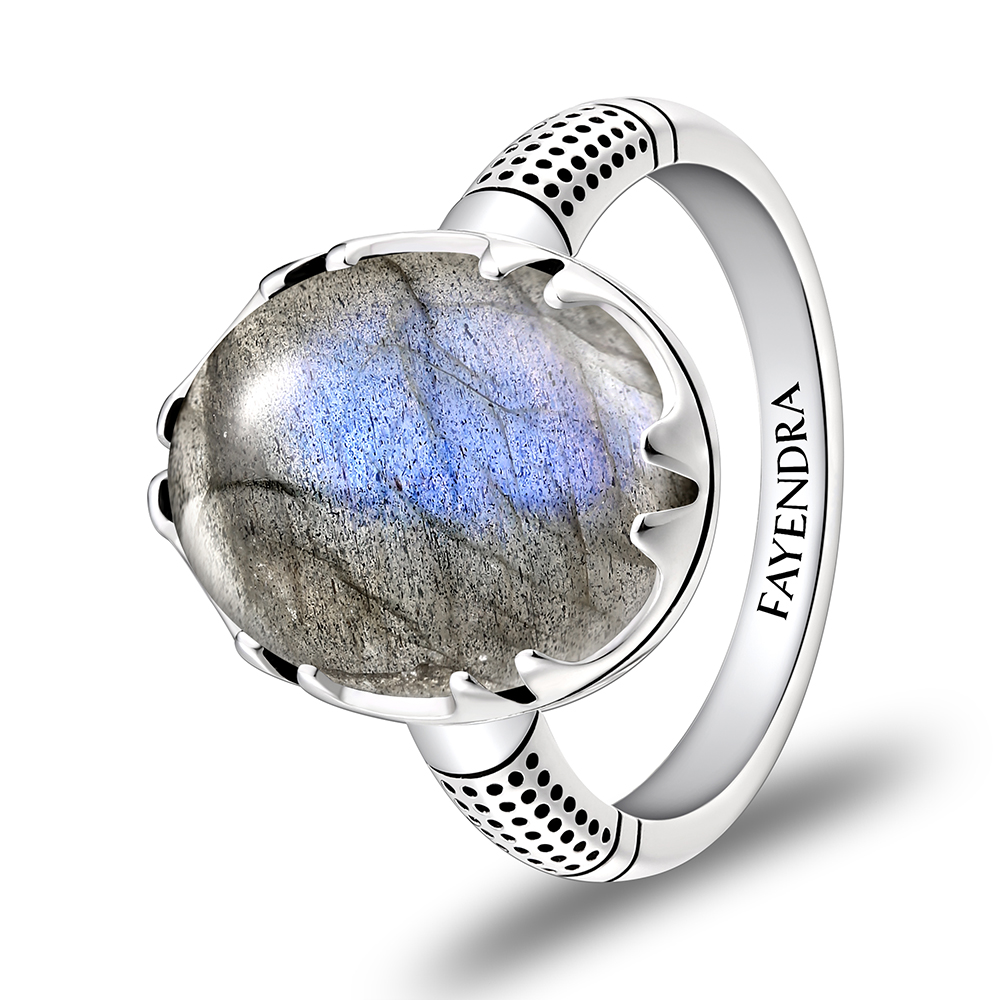 Sterling Silver 925 Ring Rhodium Plated Embedded With LABRADORITE