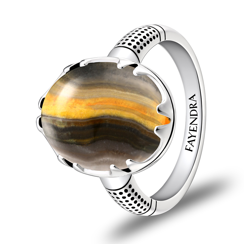 Sterling Silver 925 Ring Rhodium Plated Embedded With YELLOW TIGER EYE