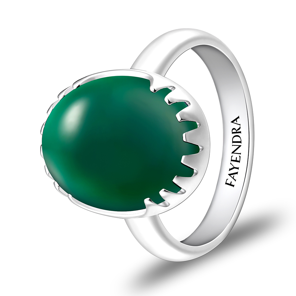 Sterling Silver 925 Ring Rhodium Plated Embedded With GREEN AGATE