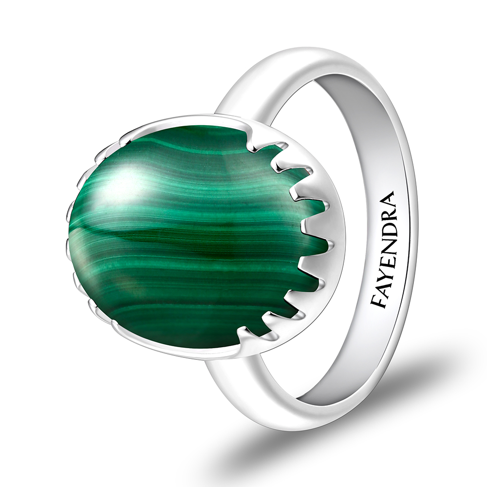 Sterling Silver 925 Ring Rhodium Plated Embedded With Malachite