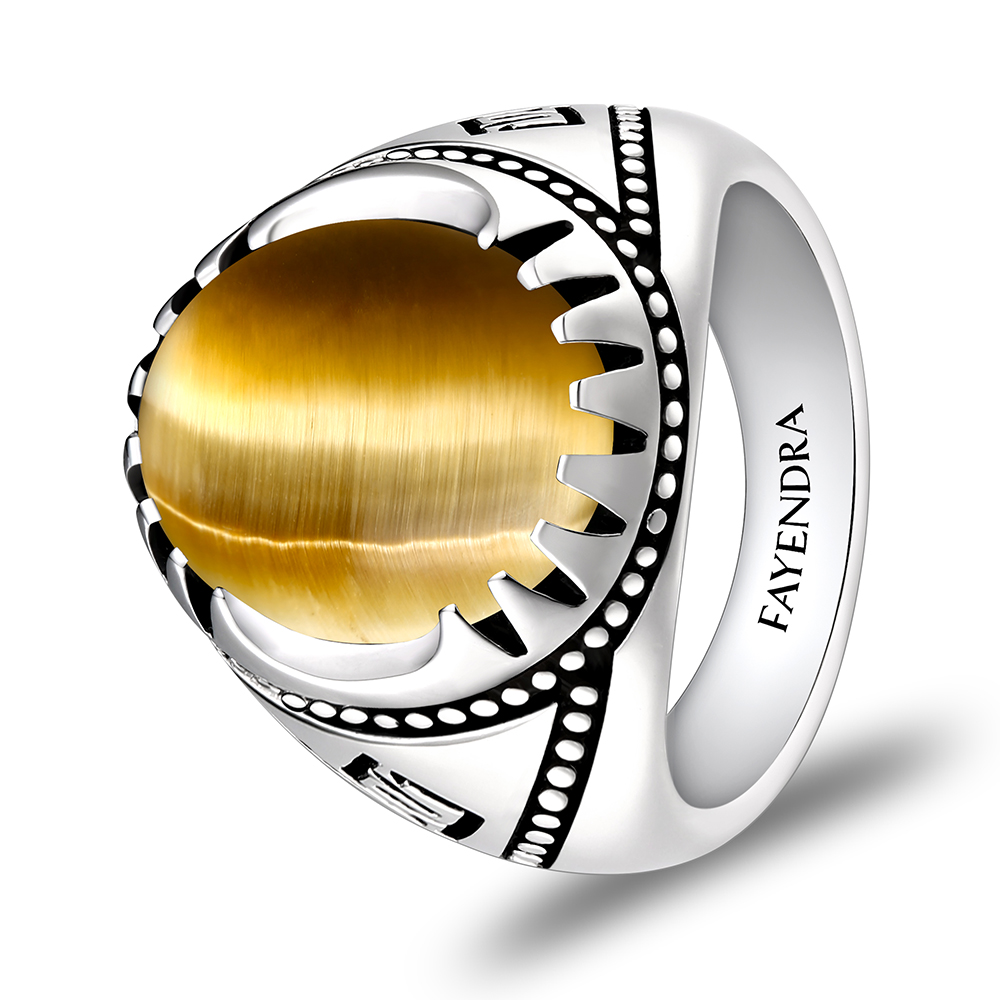 Sterling Silver 925 Ring Rhodium Plated Embedded With GOLD TIGER EYE