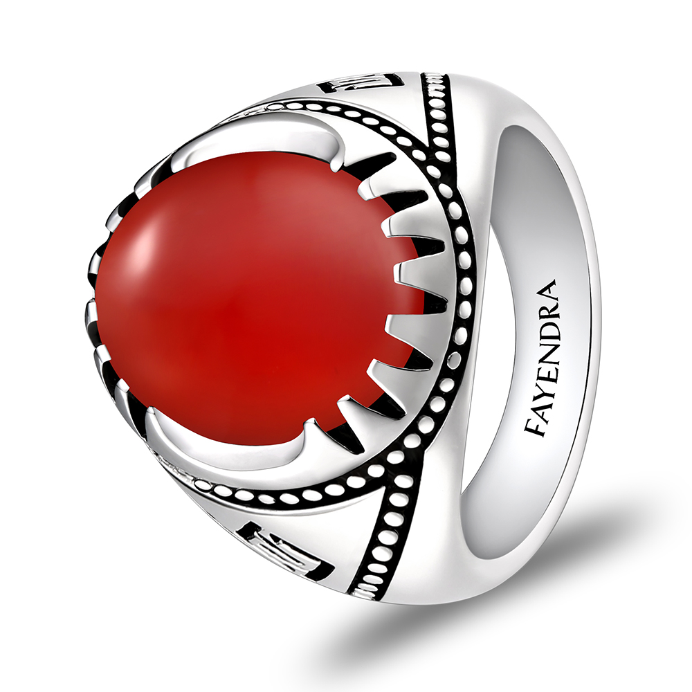 Sterling Silver 925 Ring Rhodium Plated Embedded With RED AGATE