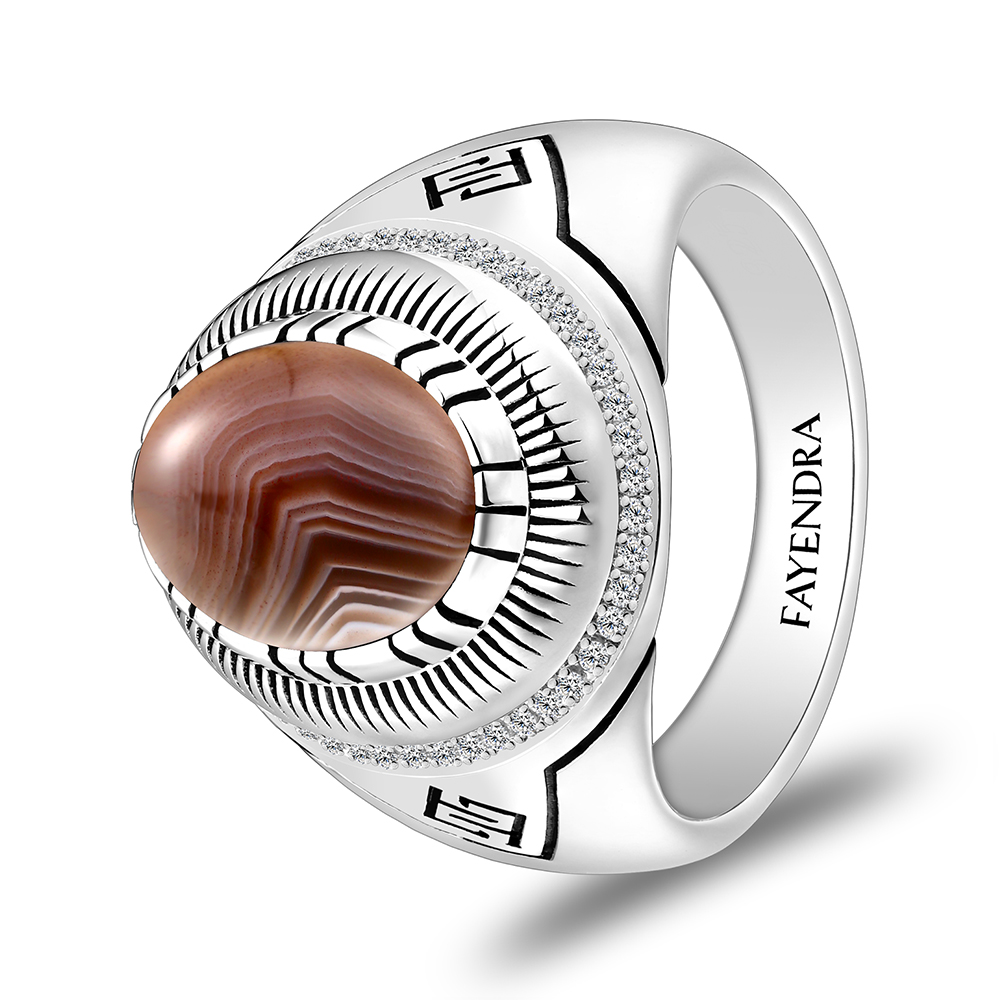 Sterling Silver 925 Ring Rhodium Plated Embedded With BOTSWANA AGATE And White CZ