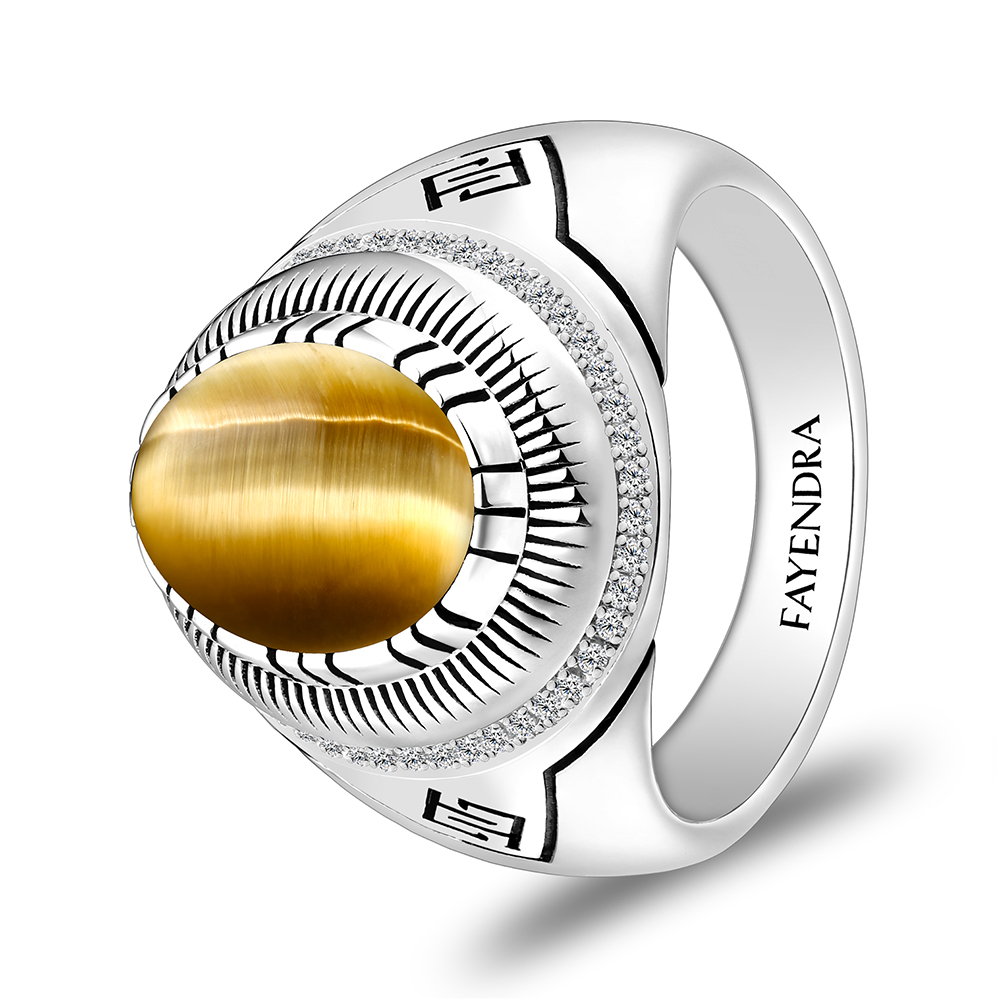 Sterling Silver 925 Ring Rhodium Plated Embedded With GOLD TIGER EYE And White CZ