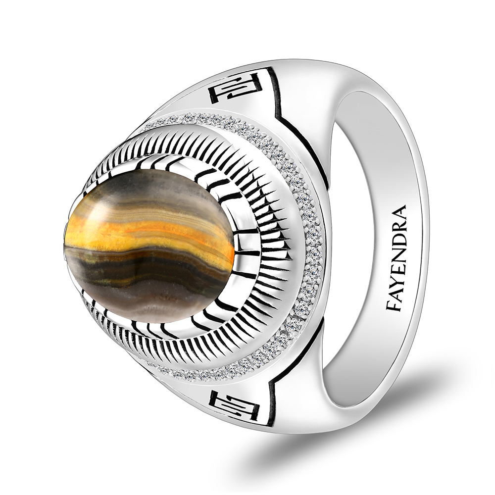 Sterling Silver 925 Ring Rhodium Plated Embedded With YELLOW TIGER EYE And White CZ