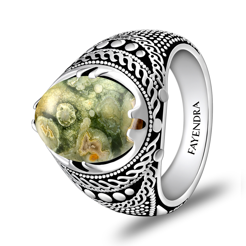 Sterling Silver 925 Ring Rhodium Plated Embedded With Royolite