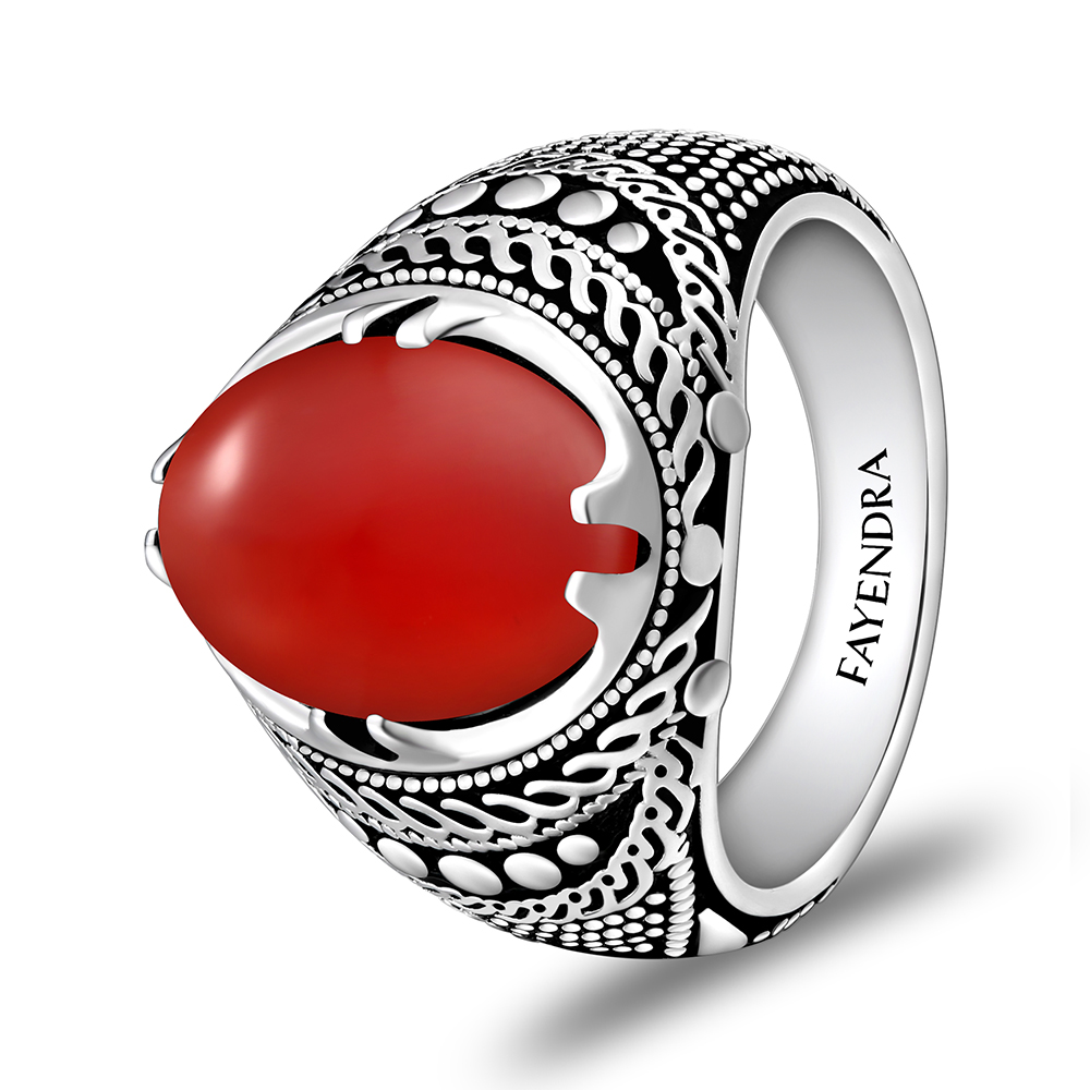Sterling Silver 925 Ring Rhodium Plated Embedded With RED AGATE