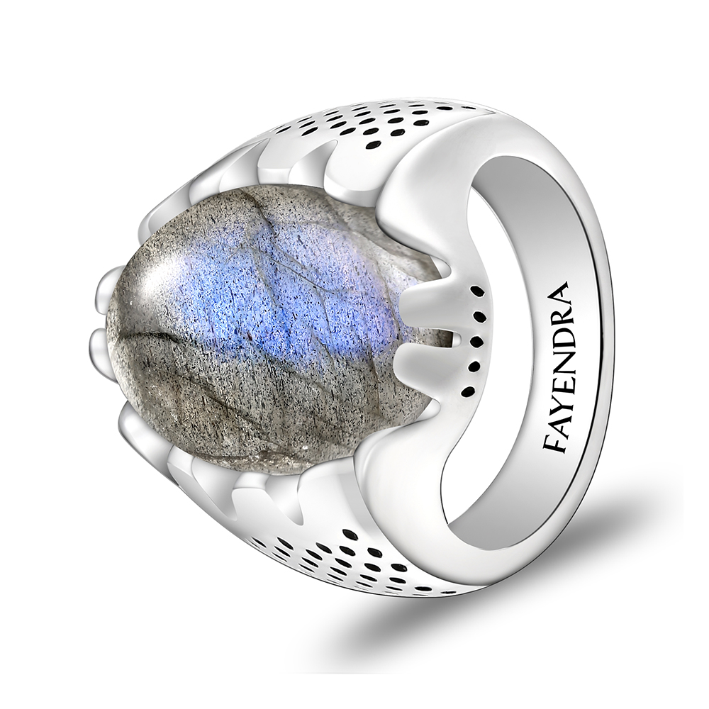 Sterling Silver 925 Ring Rhodium Plated Embedded With LABRADORITE