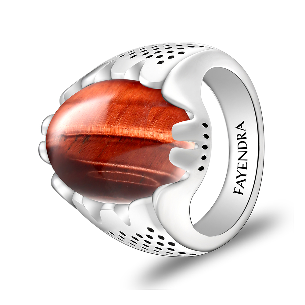 Sterling Silver 925 Ring Rhodium Plated Embedded With RED TIGER EYE