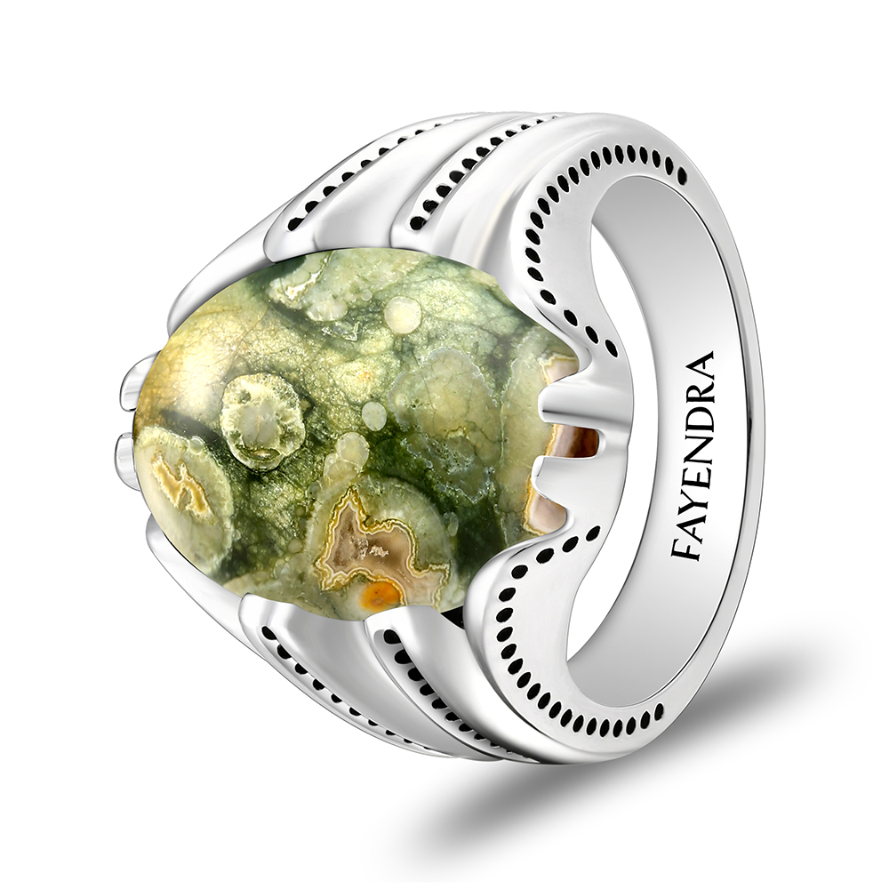 Sterling Silver 925 Ring Rhodium Plated Embedded With Royolite