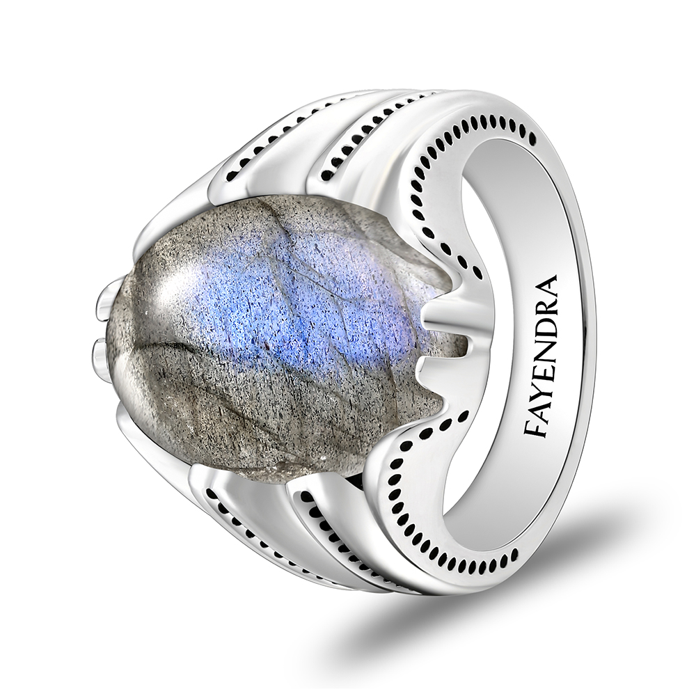 Sterling Silver 925 Ring Rhodium Plated Embedded With LABRADORITE