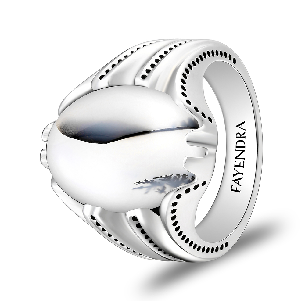 Sterling Silver 925 Ring Rhodium Plated Embedded With NATURAL AGATE