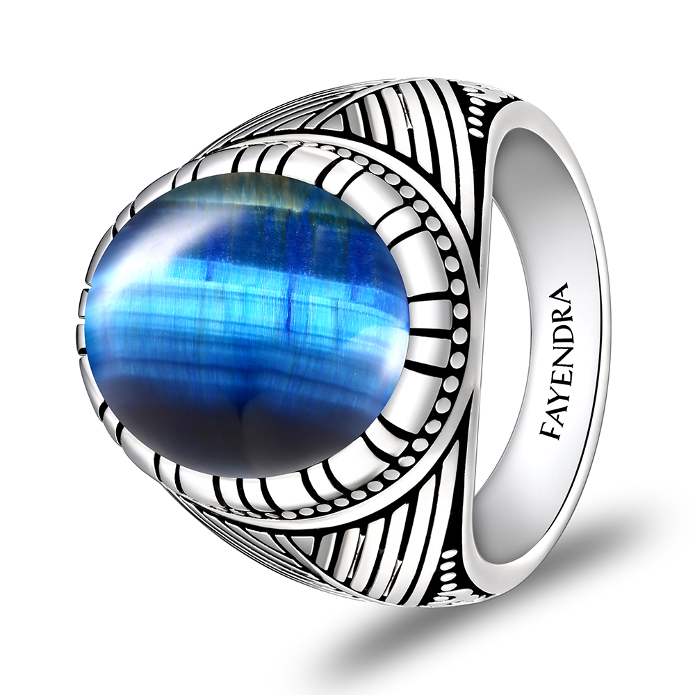 Sterling Silver 925 Ring Rhodium Plated Embedded With BLUE TIGER EYE