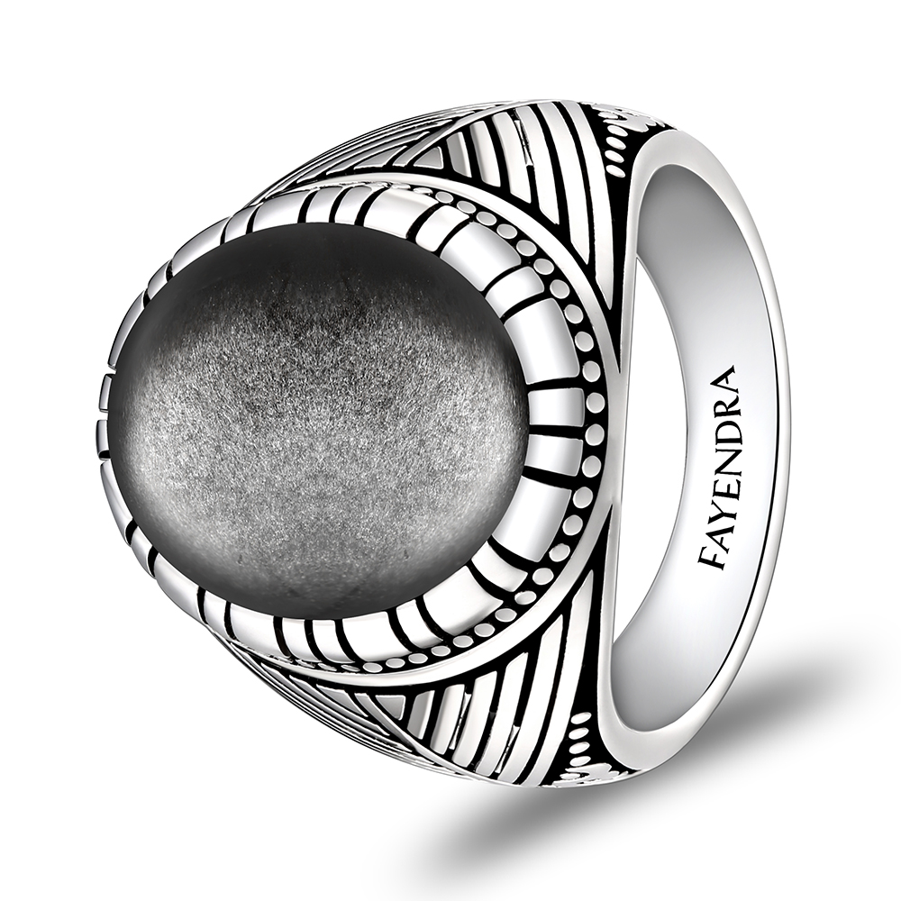 Sterling Silver 925 Ring Rhodium Plated Embedded With SILVER OBSIDIAN