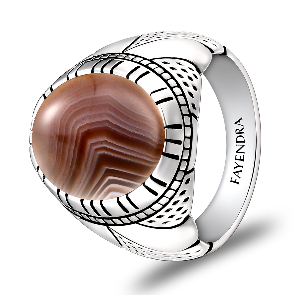 Sterling Silver 925 Ring Rhodium Plated Embedded With BOTSWANA AGATE