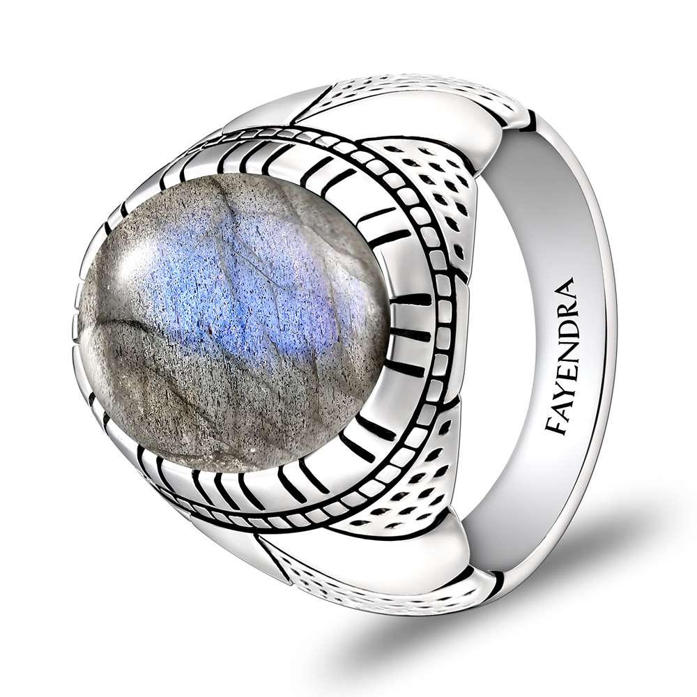 Sterling Silver 925 Ring Rhodium Plated Embedded With LABRADORITE