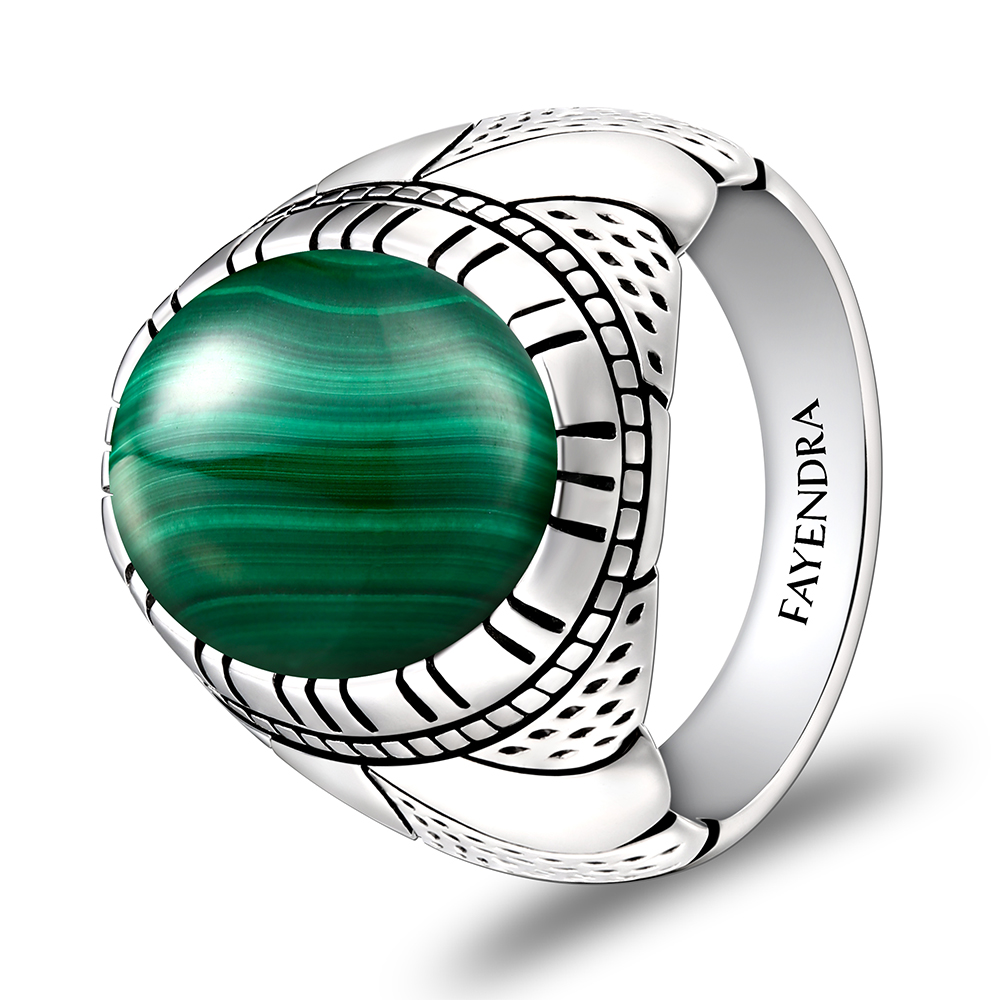 Sterling Silver 925 Ring Rhodium Plated Embedded With Malachite