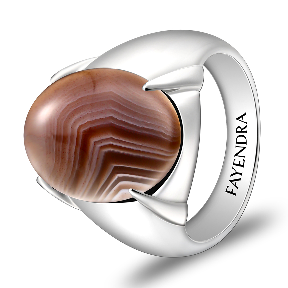 Sterling Silver 925 Ring Rhodium Plated Embedded With BOTSWANA AGATE
