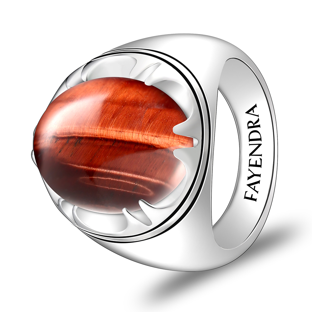 Sterling Silver 925 Ring Rhodium Plated Embedded With RED TIGER EYE