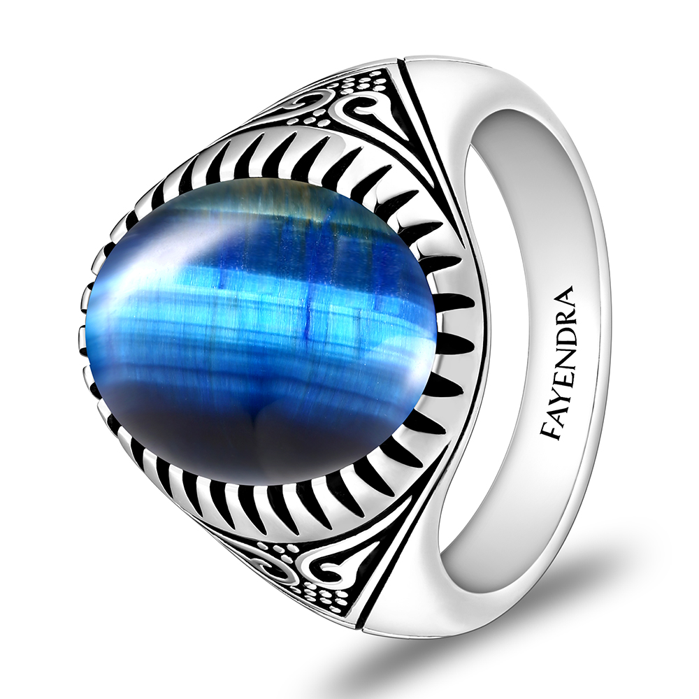 Sterling Silver 925 Ring Rhodium Plated Embedded With BLUE TIGER EYE