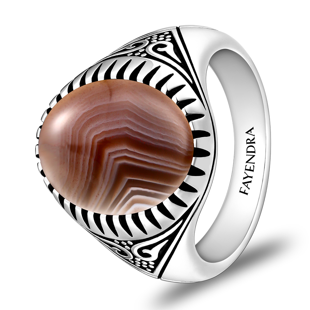 Sterling Silver 925 Ring Rhodium Plated Embedded With BOTSWANA AGATE