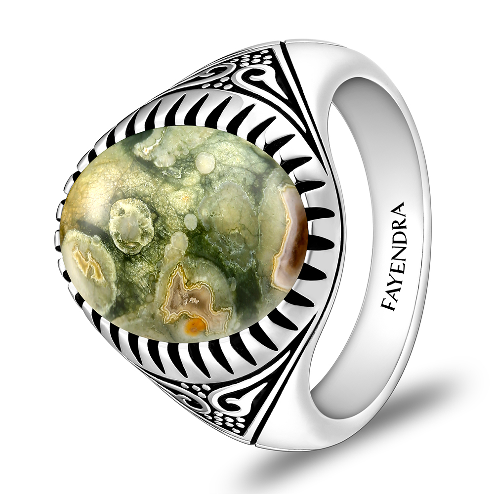 Sterling Silver 925 Ring Rhodium Plated Embedded With Royolite