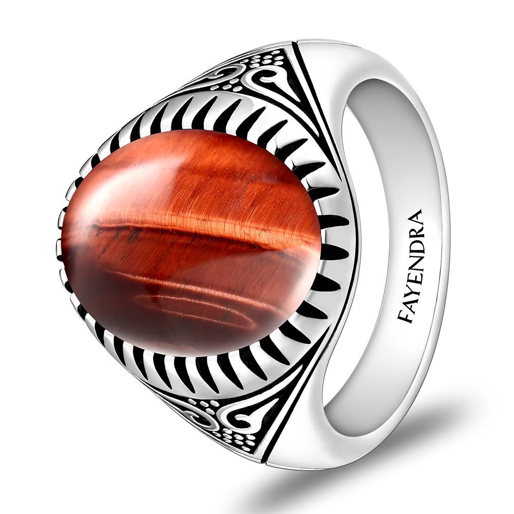 Sterling Silver 925 Ring Rhodium Plated Embedded With RED TIGER EYE