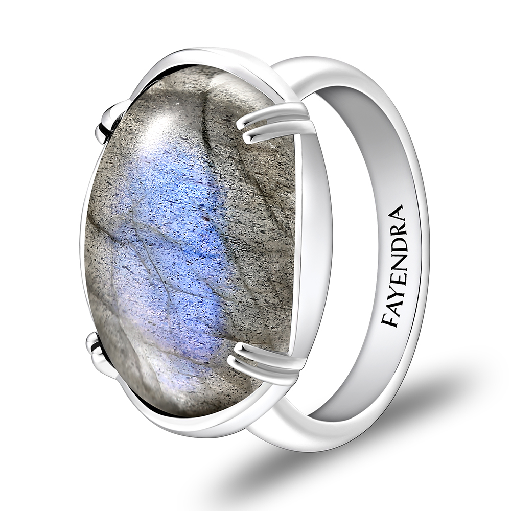 Sterling Silver 925 Ring Rhodium Plated Embedded With LABRADORITE