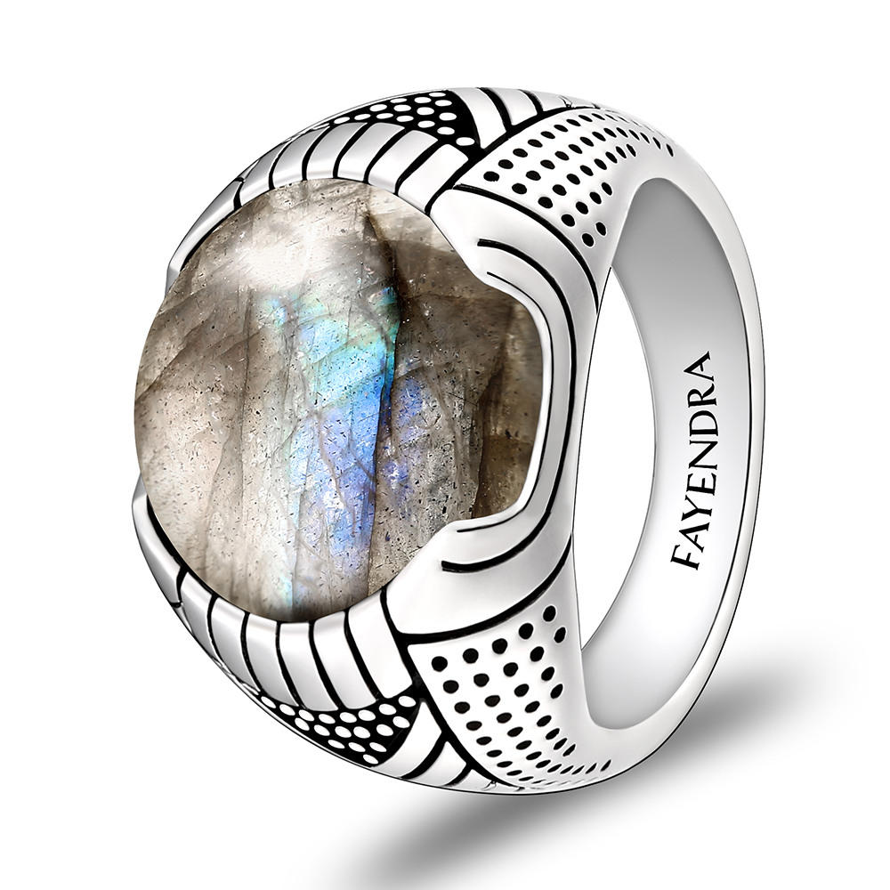 Sterling Silver 925 Ring Rhodium Plated Embedded With LABRADORITE