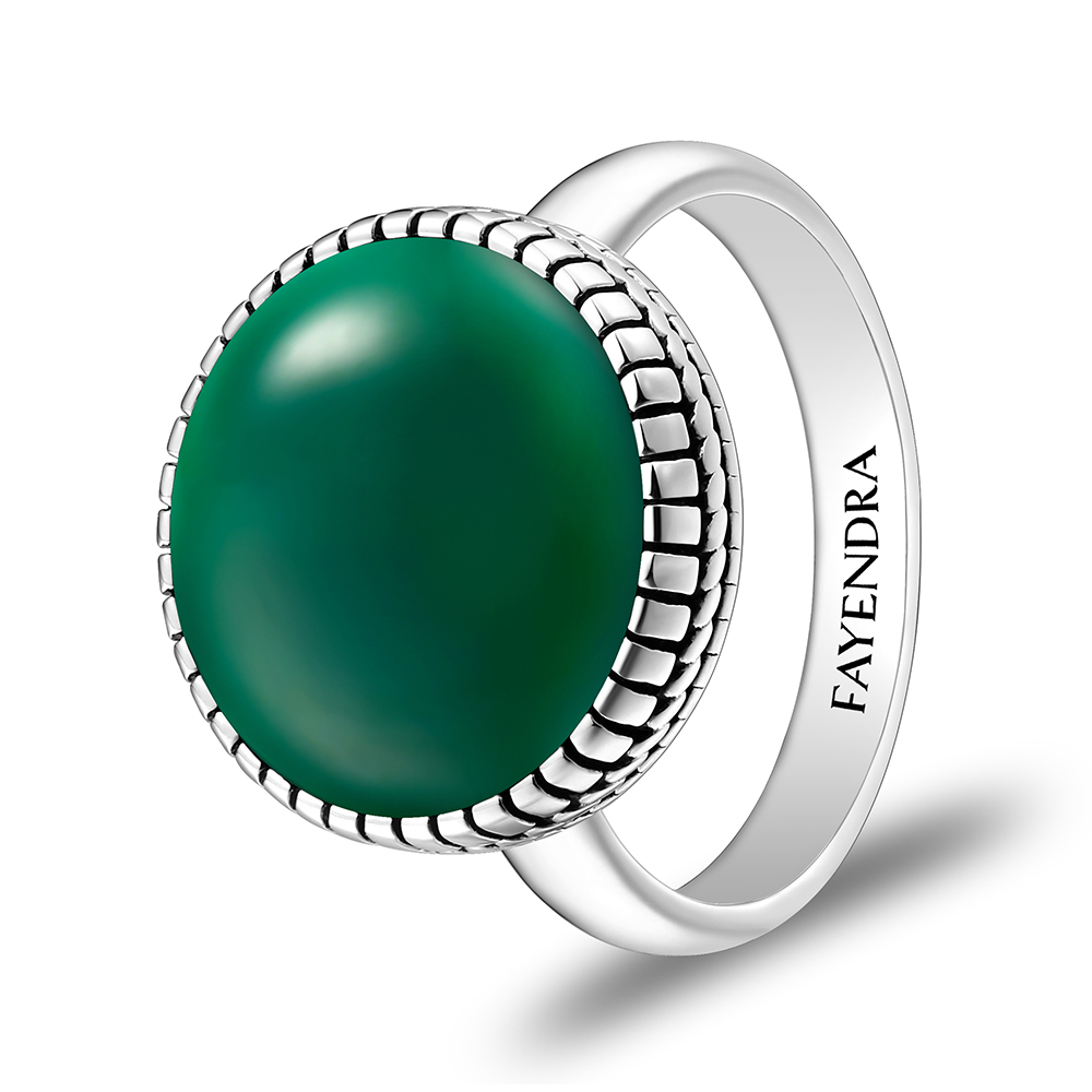 Sterling Silver 925 Ring Rhodium Plated Embedded With GREEN AGATE