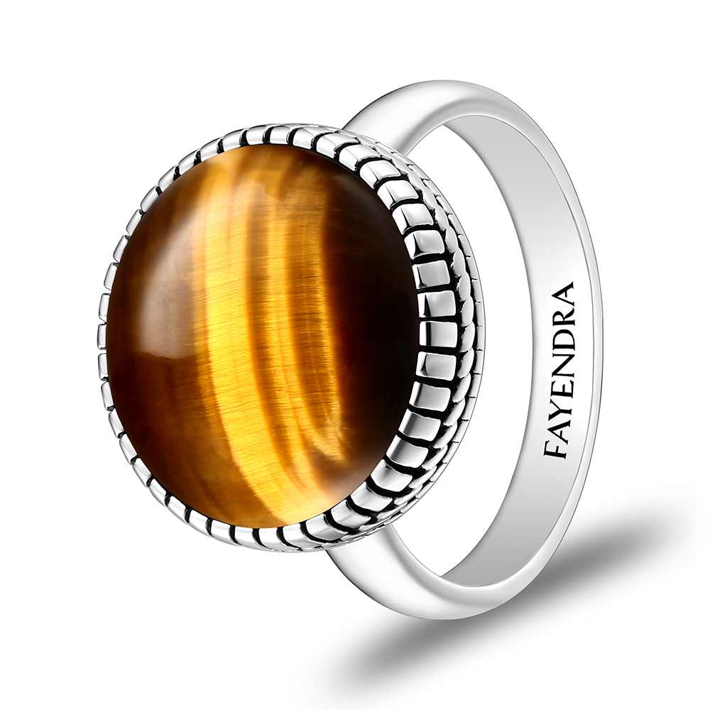 Sterling Silver 925 Ring Rhodium Plated Embedded With YELLOW TIGER EYE