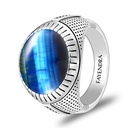 Sterling Silver 925 Ring Rhodium Plated Embedded With BLUE TIGER EYE And White CZ