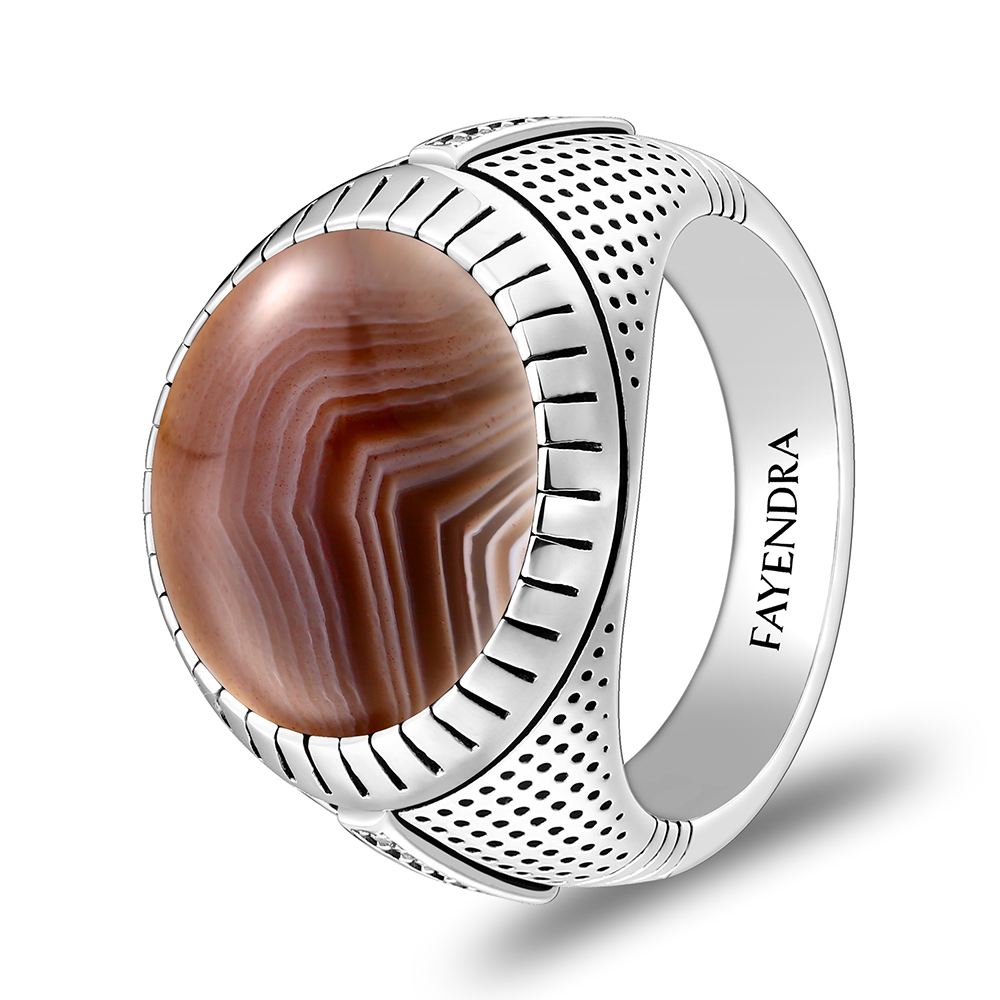 Sterling Silver 925 Ring Rhodium Plated Embedded With BOTSWANA AGATE And White CZ