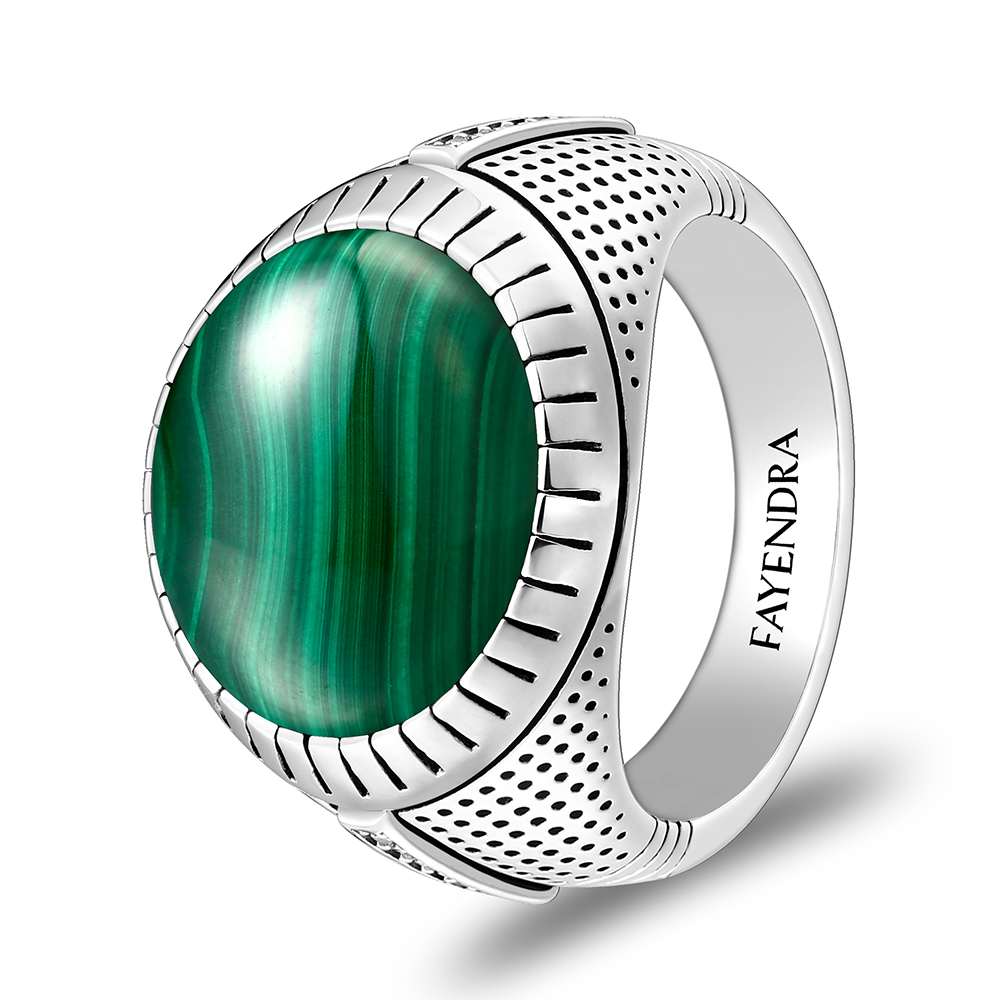 Sterling Silver 925 Ring Rhodium Plated Embedded With Malachite And White CZ