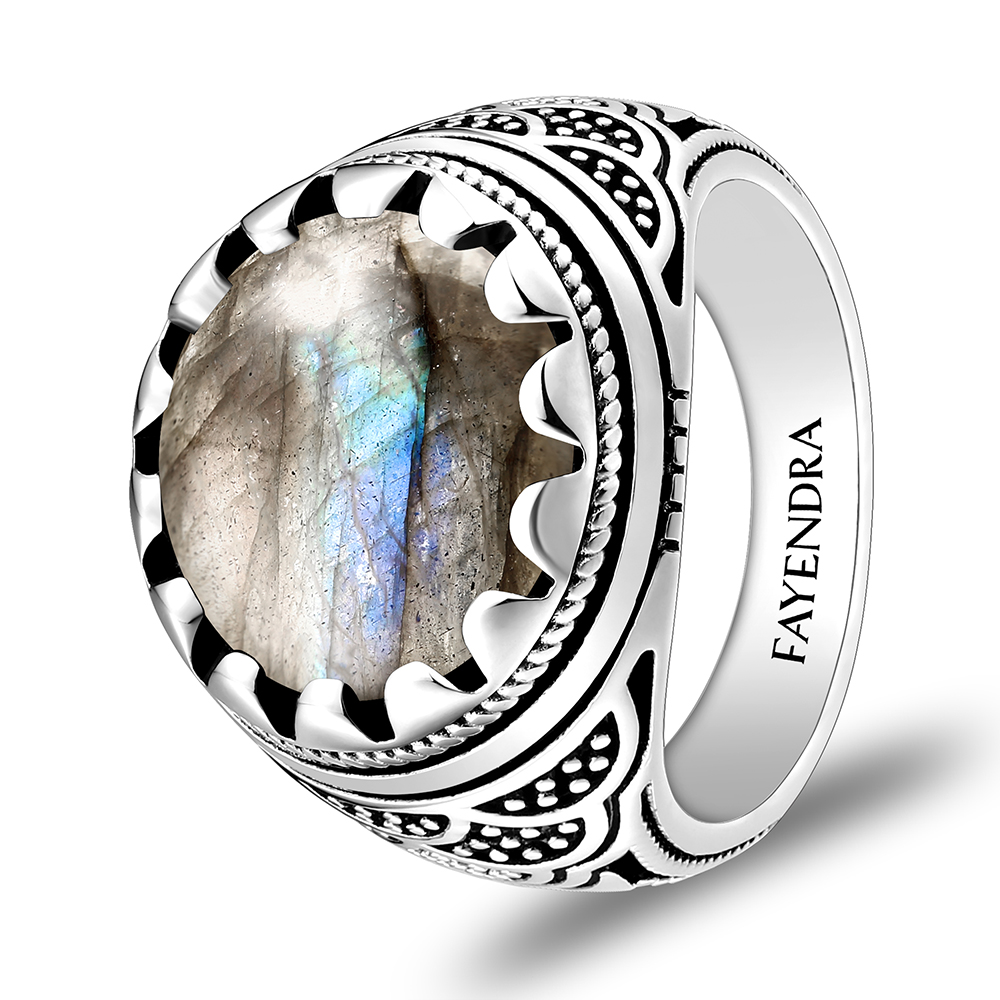 Sterling Silver 925 Ring Rhodium Plated Embedded With LABRADORITE