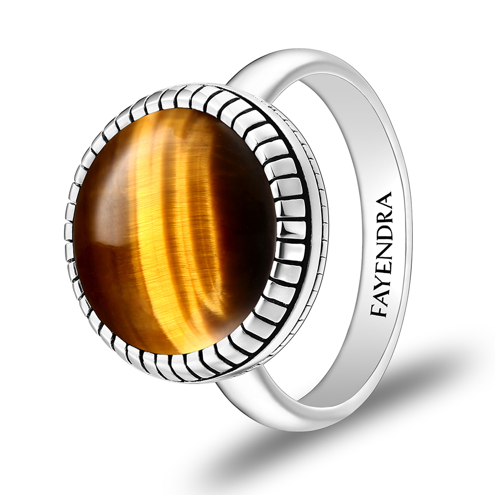 Sterling Silver 925 Ring Rhodium Plated Embedded With YELLOW TIGER EYE