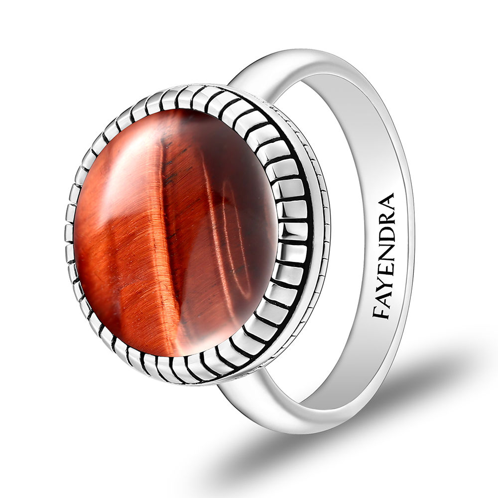 Sterling Silver 925 Ring Rhodium Plated Embedded With RED TIGER EYE