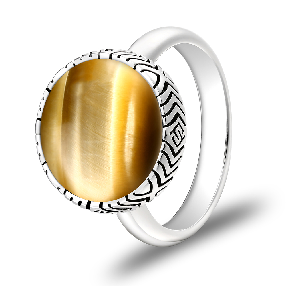 Sterling Silver 925 Ring Rhodium Plated Embedded With GOLD TIGER EYE