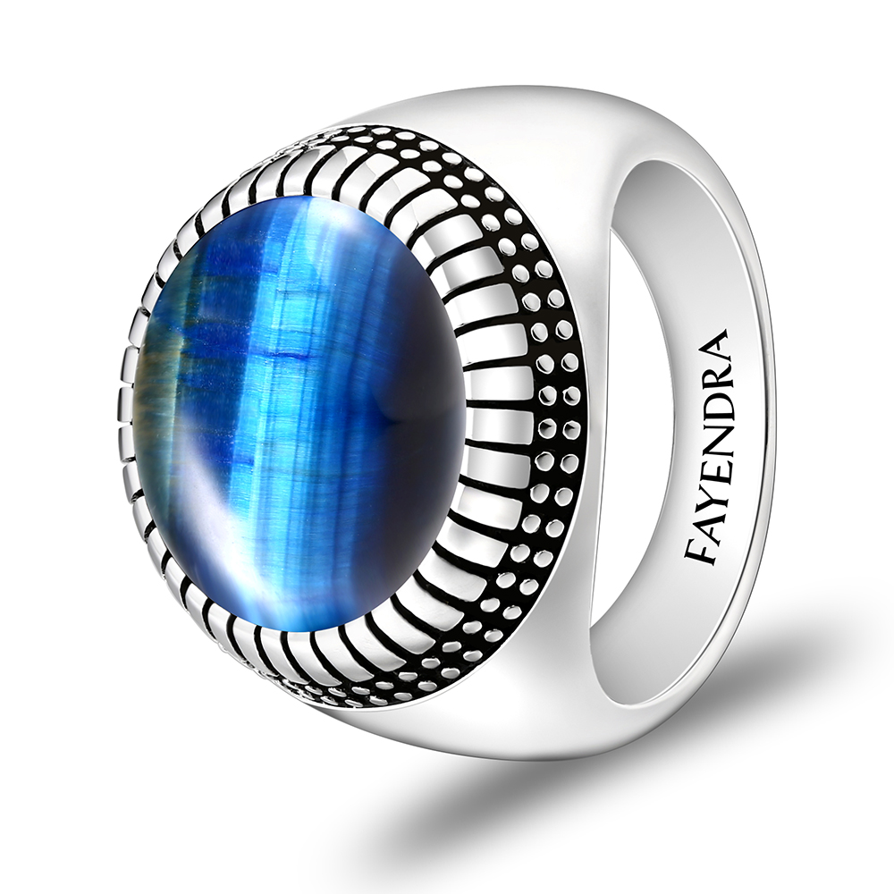 Sterling Silver 925 Ring Rhodium Plated Embedded With BLUE TIGER EYE