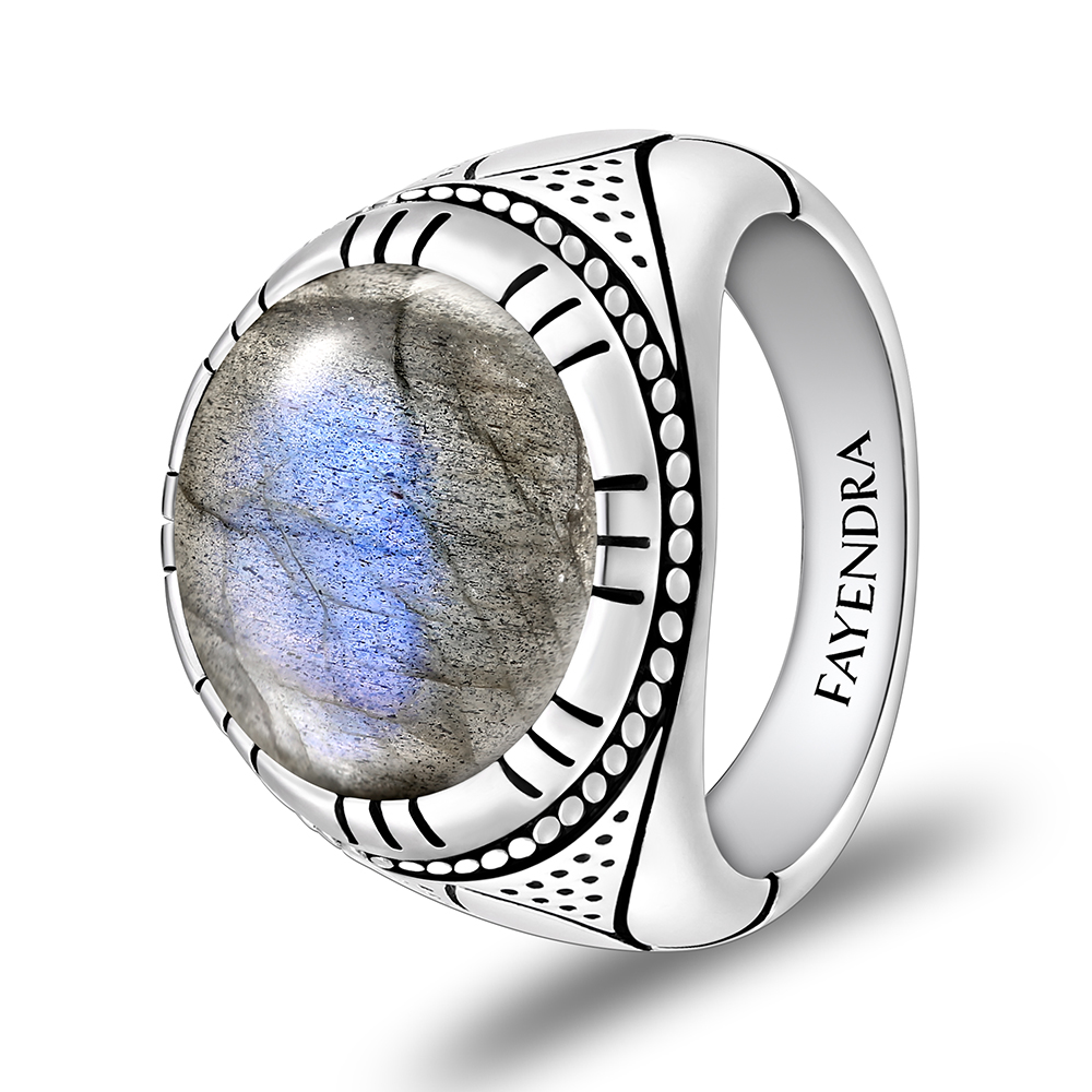 Sterling Silver 925 Ring Rhodium Plated Embedded With LABRADORITE