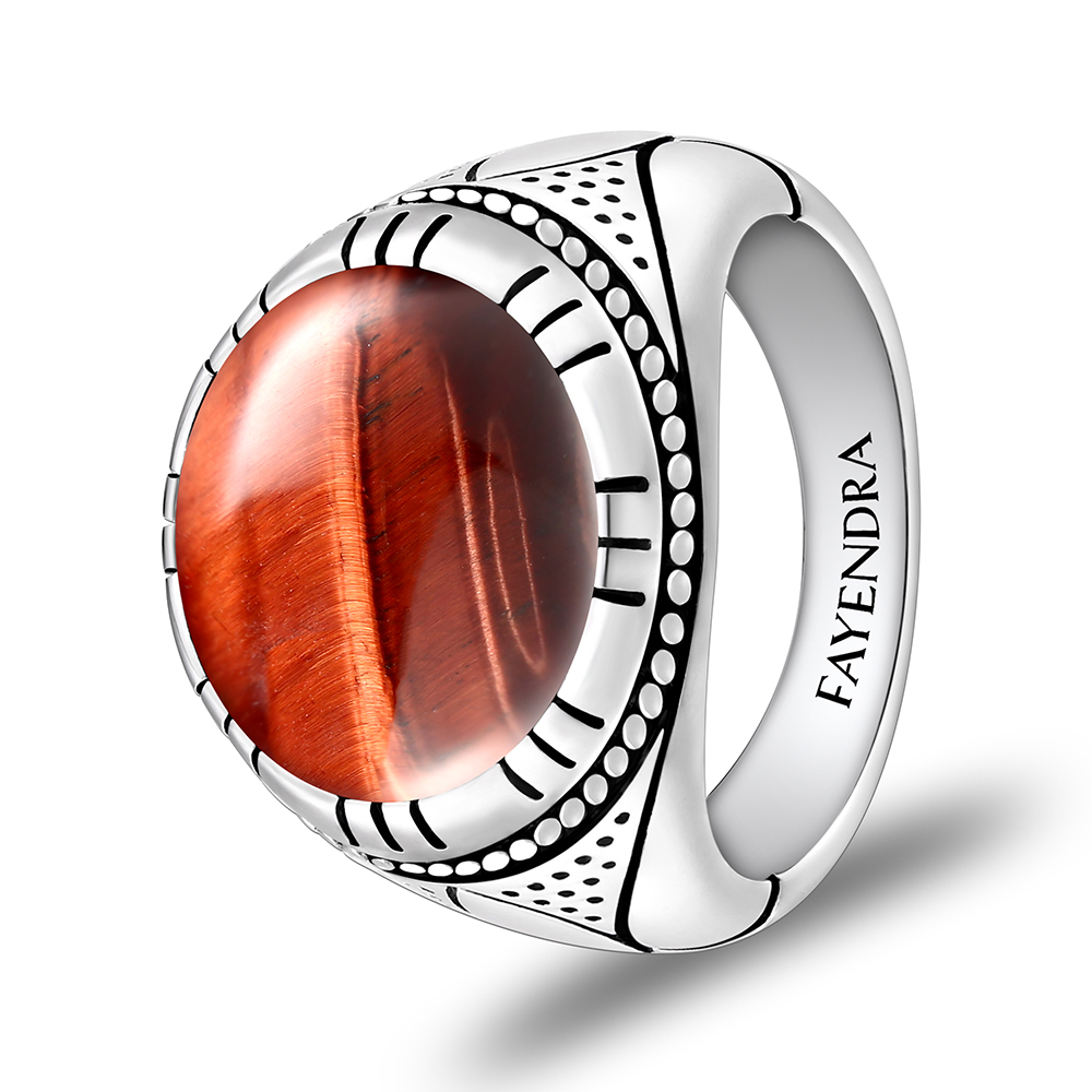 Sterling Silver 925 Ring Rhodium Plated Embedded With RED TIGER EYE