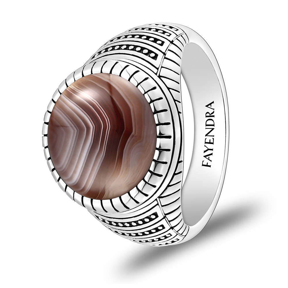 Sterling Silver 925 Ring Rhodium Plated Embedded With BOTSWANA AGATE