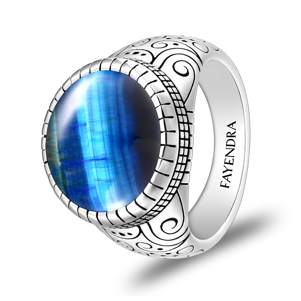 Sterling Silver 925 Ring Rhodium Plated Embedded With BLUE TIGER EYE