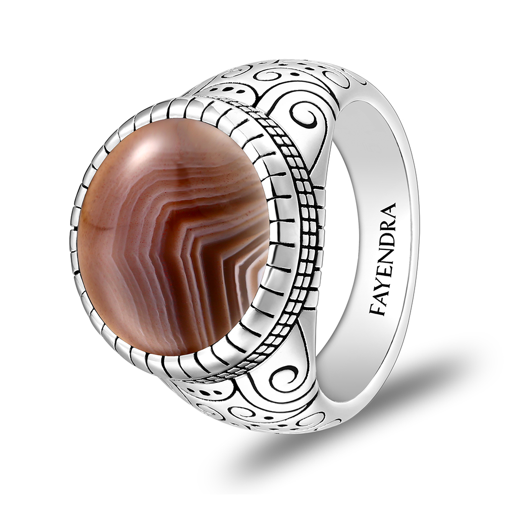 Sterling Silver 925 Ring Rhodium Plated Embedded With BOTSWANA AGATE