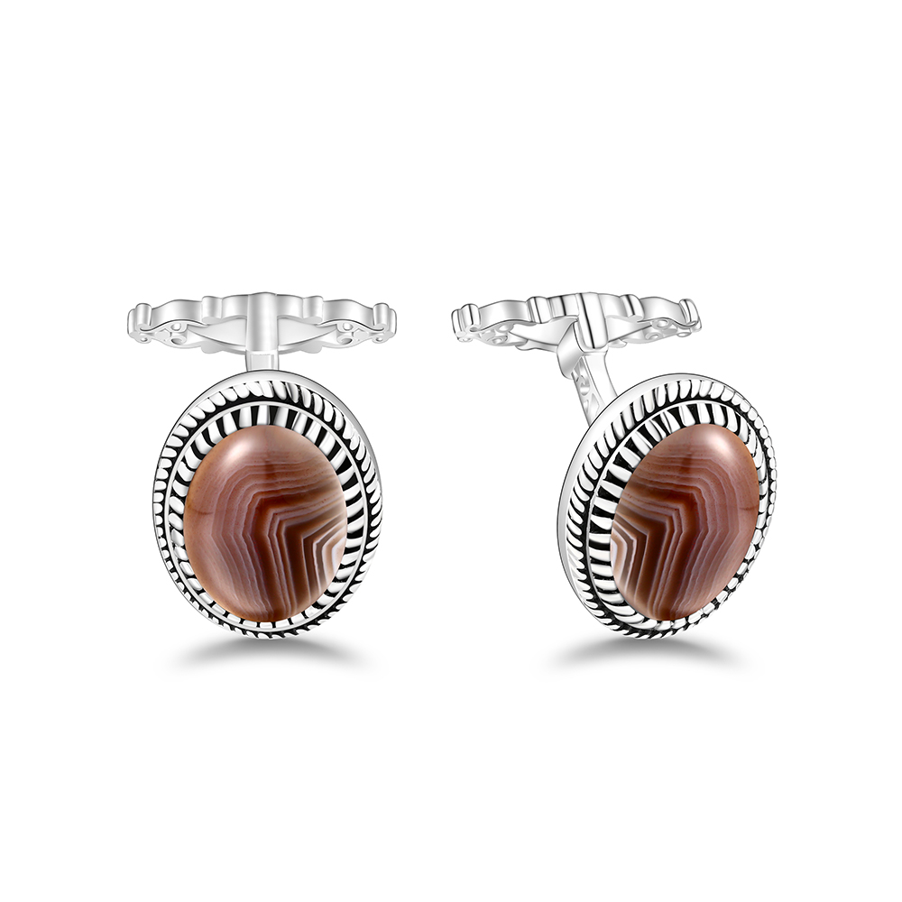 Sterling Silver 925 Cufflink Rhodium Plated Embedded With Botswana Agate