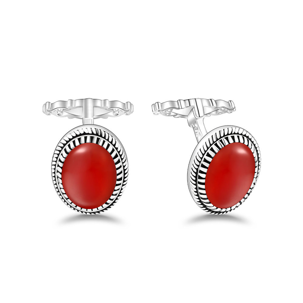 Sterling Silver 925 Cufflink Rhodium Plated Embedded With Red Agate