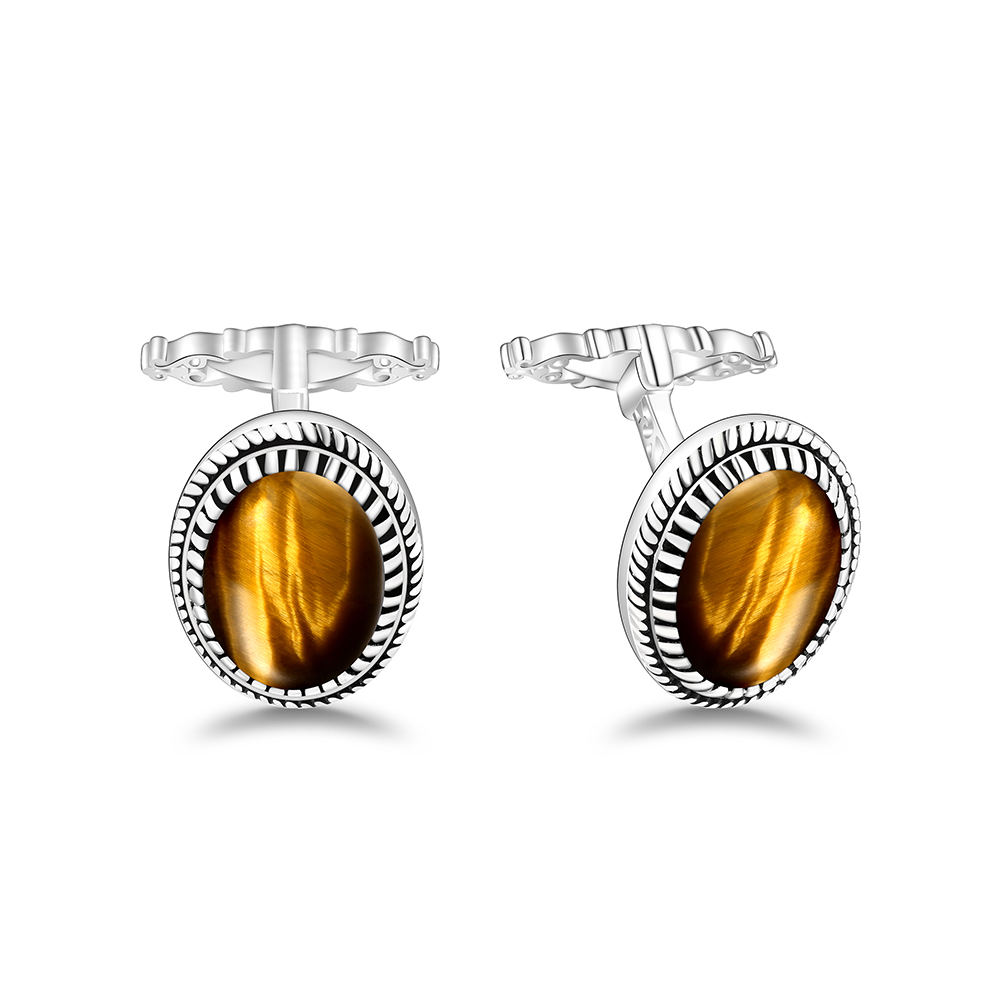 Sterling Silver 925 Cufflink Rhodium Plated Embedded With Yellow Tiger Eye