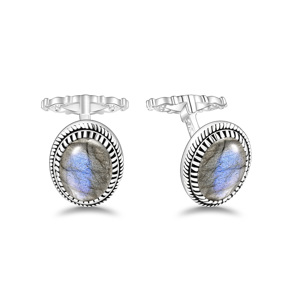 Sterling Silver 925 Cufflink Rhodium Plated Embedded With Labrodite